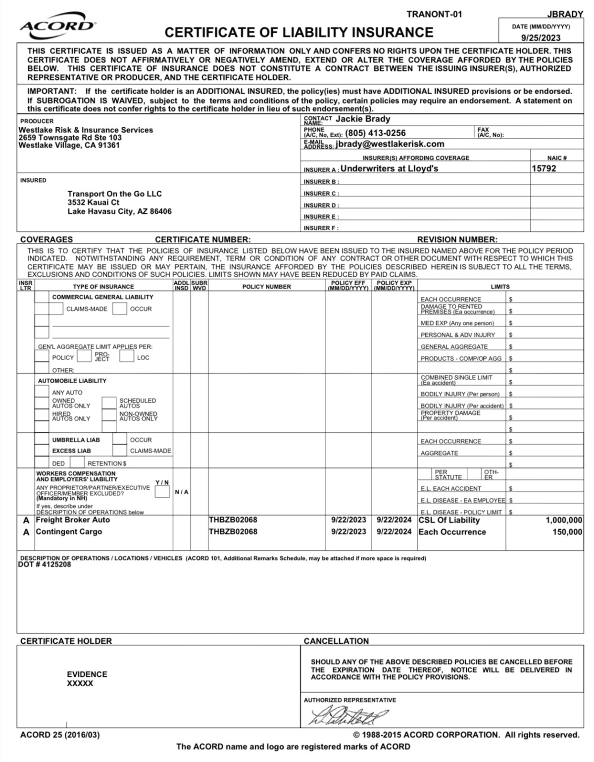 certificate of liability insurance